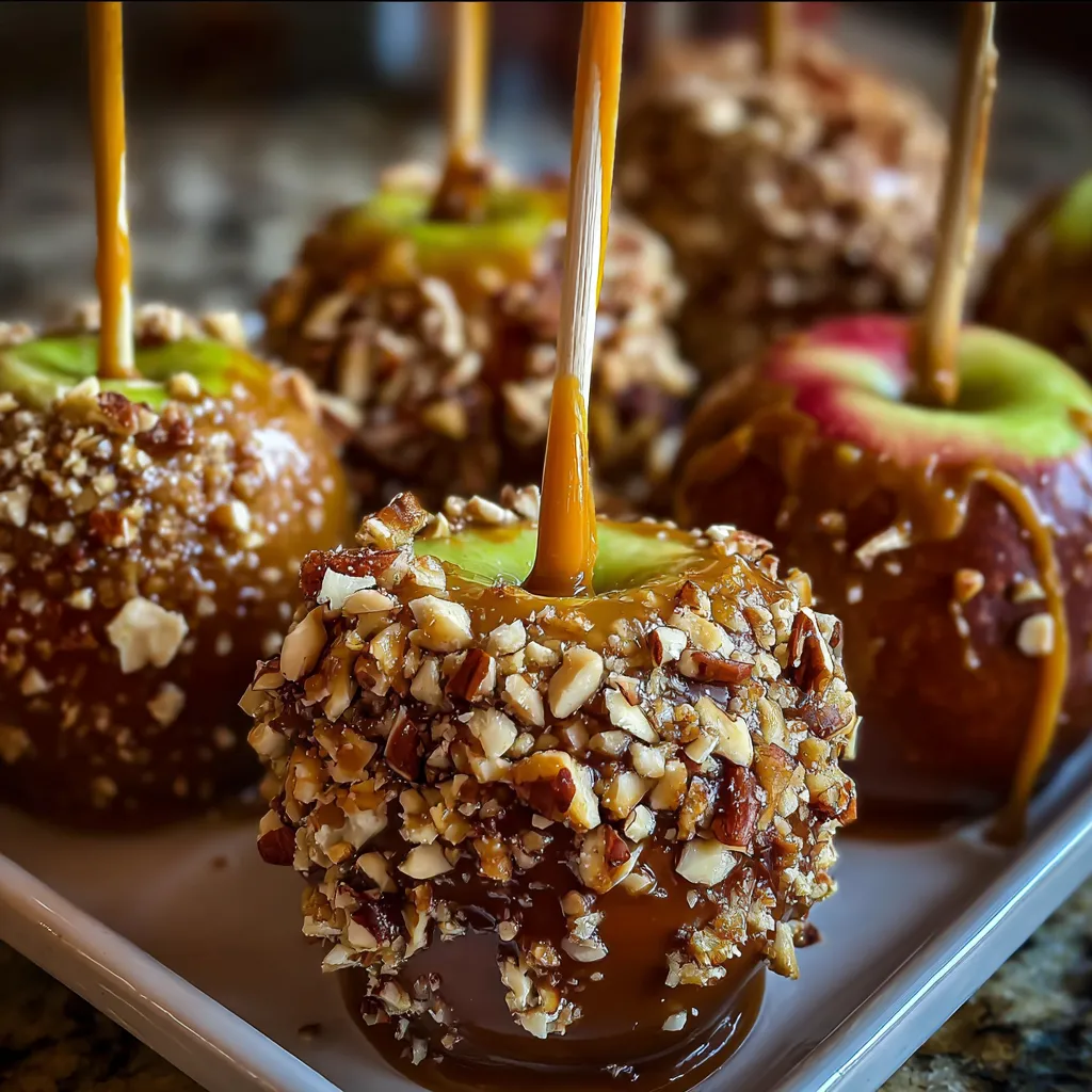 Sheet Pan Caramel Apples with Crunchy Nuts and Wooden Sticks - secondary view